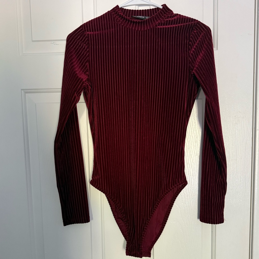 Red Ribbed Velvet Knit Bodysuit Long Sleeve One Piece
